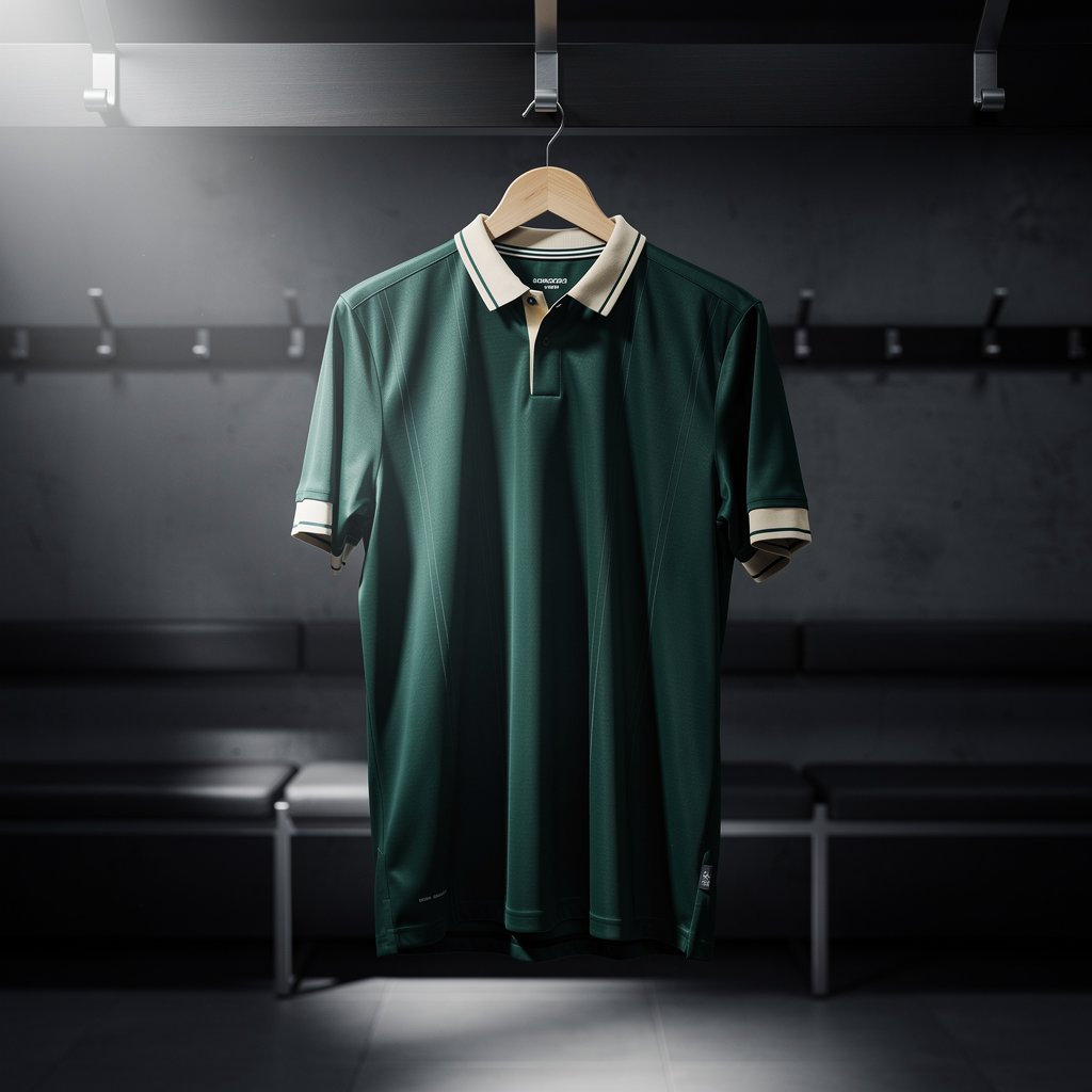 Premium editorial sportswear photograph for a football jersey shop: a classic deep forest-green football shirt with subtle cream detailing hanging in a moody modern changing room, dramatic directional stadium lighting, tactile fabric texture, refined European football culture, cinematic shadows, no logos, no words, no text, vertical composition
